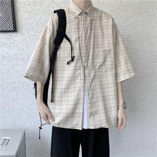3/4 Sleeve Plaid Loose-fit Shirt