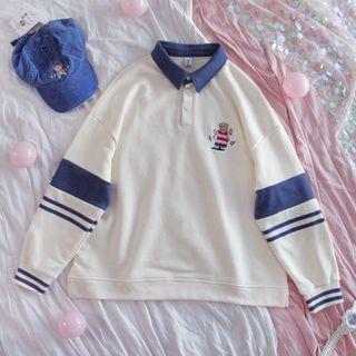 Bear Print Collared Striped Sweatshirt