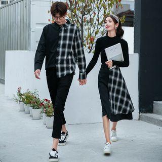Couple Matching Long-sleeve T-shirt / Plaid Panel Shirt / A-line Skirt
