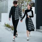 Couple Matching Long-sleeve T-shirt / Plaid Panel Shirt / A-line Skirt