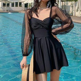 Balloon-sleeve Mesh Panel Swim Dress