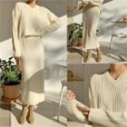Set: V-neck Ribbed Knit Top + Band-waist Long Skirt