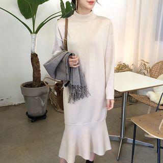 Mock-neck Ruffled Midi Knit Dress Beige - One Size