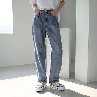 Band-waist Pleated Wide-leg Jeans