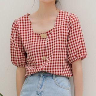 Short-sleeve Plaid Square-neck Top Wine Red - One Size