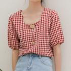 Short-sleeve Plaid Square-neck Top Wine Red - One Size