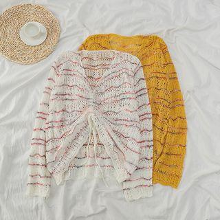 Long-sleeve Open Knit Ruched-front Top