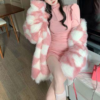 Argyle Faux-fur Jacket / High-neck Mini Dress