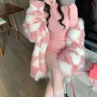 Argyle Faux-fur Jacket / High-neck Mini Dress