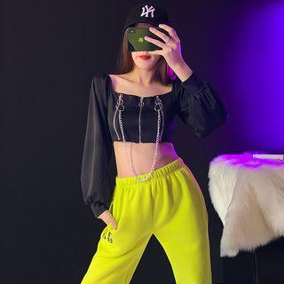 Boatneck Chain-accent Zipper Crop Top