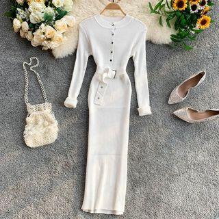 Long-sleeve Buttoned Knit Midi Bodycon Dress