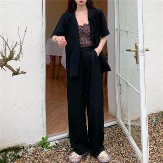 Floral Print Smocked Camisole Top / Short-sleeve Blazer / Wide Leg Pants
