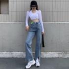 Mock Two-piece Long-sleeve T-shirt / Wide-leg Jeans