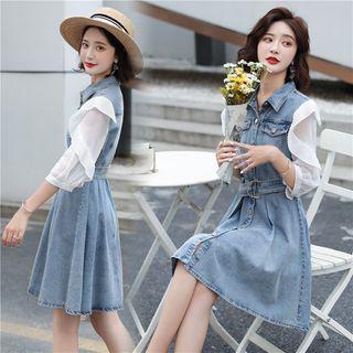 3/4-sleeve Denim Panel A-line Dress