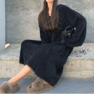 V-neck Fluffy Midi Sweater Dress