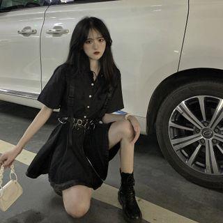 Pocket Detail Short-sleeve Shirt / Mini Suspender Skirt
