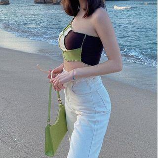 One-shoulder Color Block Crop Tank Top