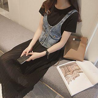 Set: Denim Vest + Short-sleeve Midi Dress