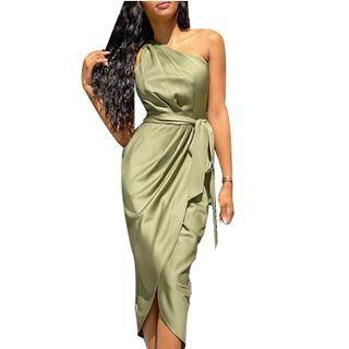 One-shoulder Wrap Midi Sheath Dress