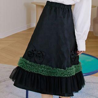 High Waist Bow Accent Mesh Panel Midi Skirt