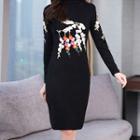 Long-sleeve Embroidered Midi Knit Sheath Dress