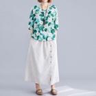 Elbow-sleeve Floral Print Top / Midi Skirt