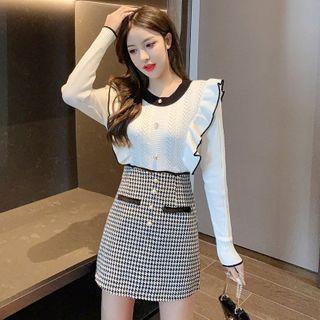 Set: Ruffle Trim Knit Top + Houndstooth Mini A-line Skirt