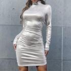 Plain Mock-neck Long Sleeve Sheath Mini Dress