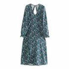 Long-sleeve V-neck Floral Print Slit Midi Dress