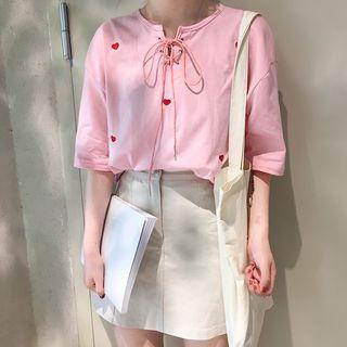 Lace-up Front Heart Printed Top
