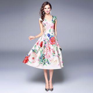 Floral Print Sleeveless Crewneck A-line V-neck Slim Long Sheath Dress