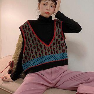 Geometric Print Vest / Wide-leg Pants / Mock Neck Top