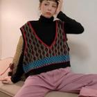 Geometric Print Vest / Wide-leg Pants / Mock Neck Top