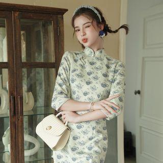 3/4-sleeve Teapot Print Qipao Dress