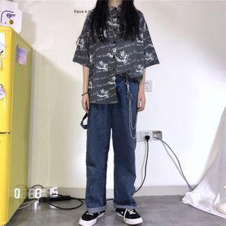 Printed Elbow-sleeve Shirt Dark Gray - One Size