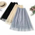 Embroidered Mesh Pleated A-line Skirt