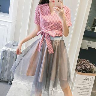 Set: V-neck Striped Short-sleeve Blouse + Asymmetric Hem Mesh Skirt