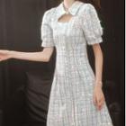 Short-sleeve Plaid Sequined A-line Dress