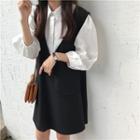 Bubble-sleeved Plain Shirt / Deep V-neck Sleeveless Dress