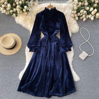 Ruched Collar Velvet Puff-sleeve Dress