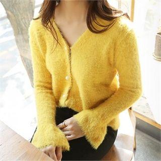 Faux-pearl Button Furry Knit Cardigan
