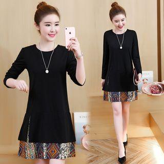 Long-sleeve Printed Panel Hem Dress
