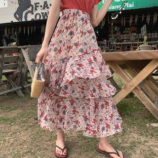 Floral Midi Layered A-line Skirt As Shown In Figure - One Size