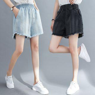 Rhinestone Fray-hem Denim Wide-leg Shorts