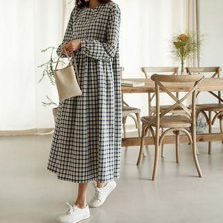 Double-button Long Plaid Dress