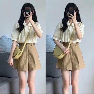 Set: Puff-sleeve Ruffled Shirt + Shorts