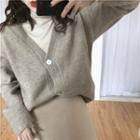 Plain Turtleneck Long-sleeve Slim-fit Top / Plain Cardigan / Plain Skirt