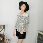 3/4-sleeve Stripe Studded T-shirt