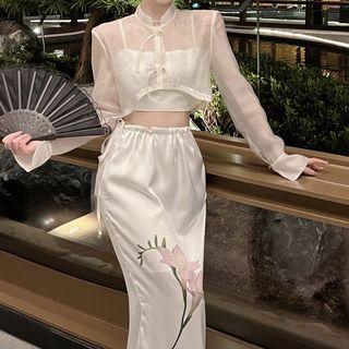 Floral Embroidered Crop Camisole Top / Floral Print Midi Pencil Skirt / Crop Shirt