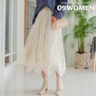 Lace-overlay Velvet Long Pleated Skirt
